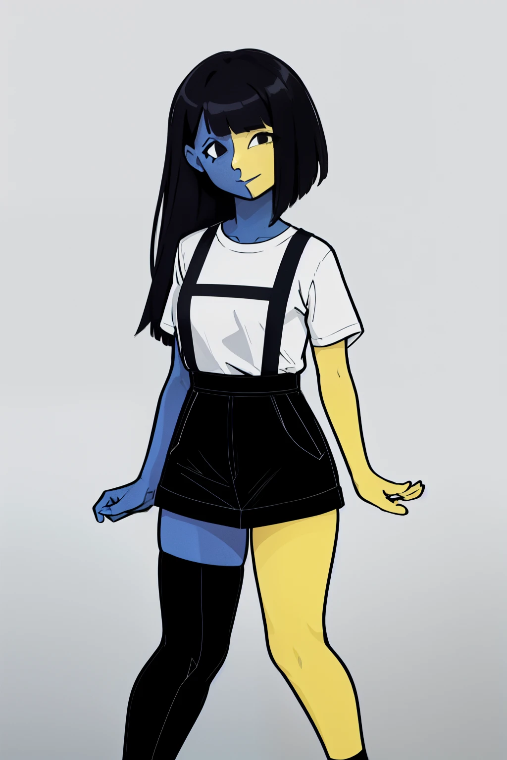 ENA (Joel G), split color body (blue on right, yellow on left), white t-shirt, black skirt with overall straps, 1girl, black eyes, black socks (thigh-high on right, ankle on left), black shoes, grain effect on hair, perfect anatomy, solo, better hands, upper body
