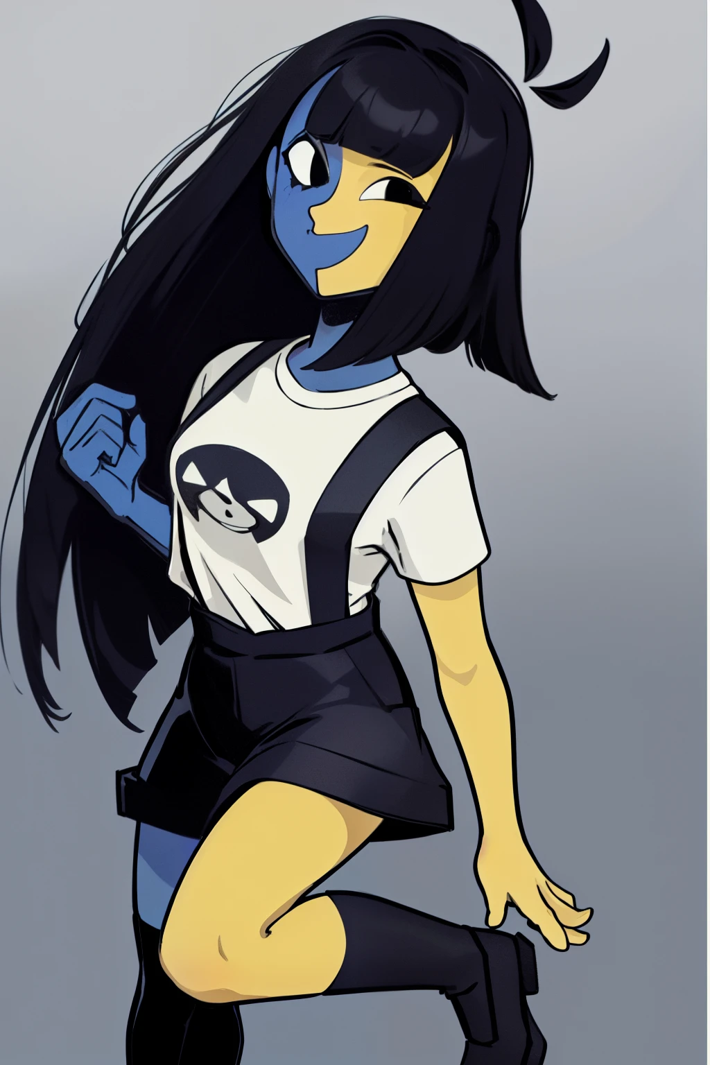 ENA (Joel G), split color body (blue on right, yellow on left), white t-shirt, black skirt with overall straps, 1girl, black eyes, black socks (thigh-high on right, ankle on left), black shoes, grain effect on hair, perfect anatomy, solo, better hands, upper body