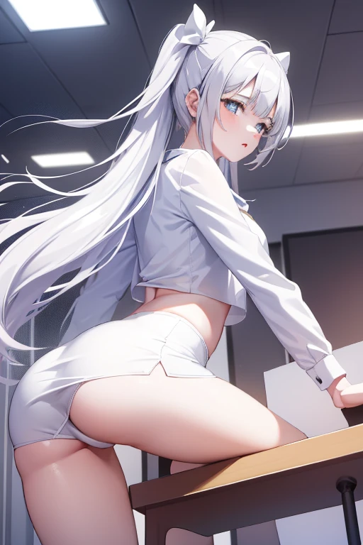 1girl, Table hump, rubbing the perineum, white shirt, pencil skirt, office, white panty, skirt lift, strap, a table, high ground, multiple boys,Liquid, Thought-provoking,, Masterpiece, Best Quality, Highly detailed, (From Bottom:1.1)