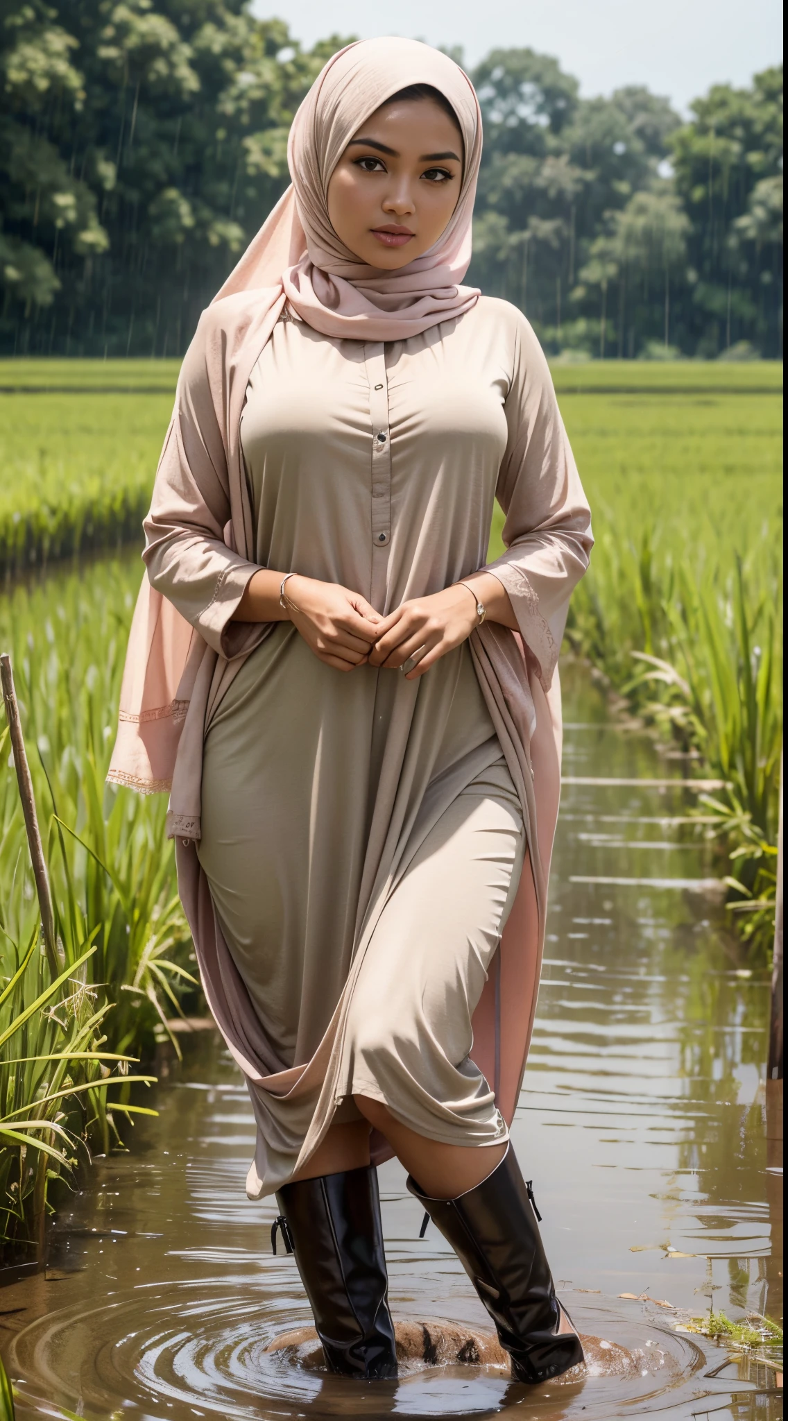 RAW, Best quality, high resolution, masterpiece: 1.3), beautiful Malay woman in hijau:0.8),cleavage, RAW, Best quality, high resolution, Masterpiece: 1.3, Beautiful hijabi malay girl, Masterpiece, Soft smile,Beautiful Malay women wear pastel color hijab in rice paddy, bright sunshine, ankle length dress, shawl, long sleeved shirt, bright clothing, dark skin, highres,4k,HDR,1girl, photorealistic, realistic,sweat skin, thin face, big breast, perfeck make up, big eyes, glossy lips, soft smile, thick , cleavage, portrait, cinematic, realistic, photo, standing in a rice field, dirt on clothes, mud on boots, raining heavily, wet body, raining heavily,