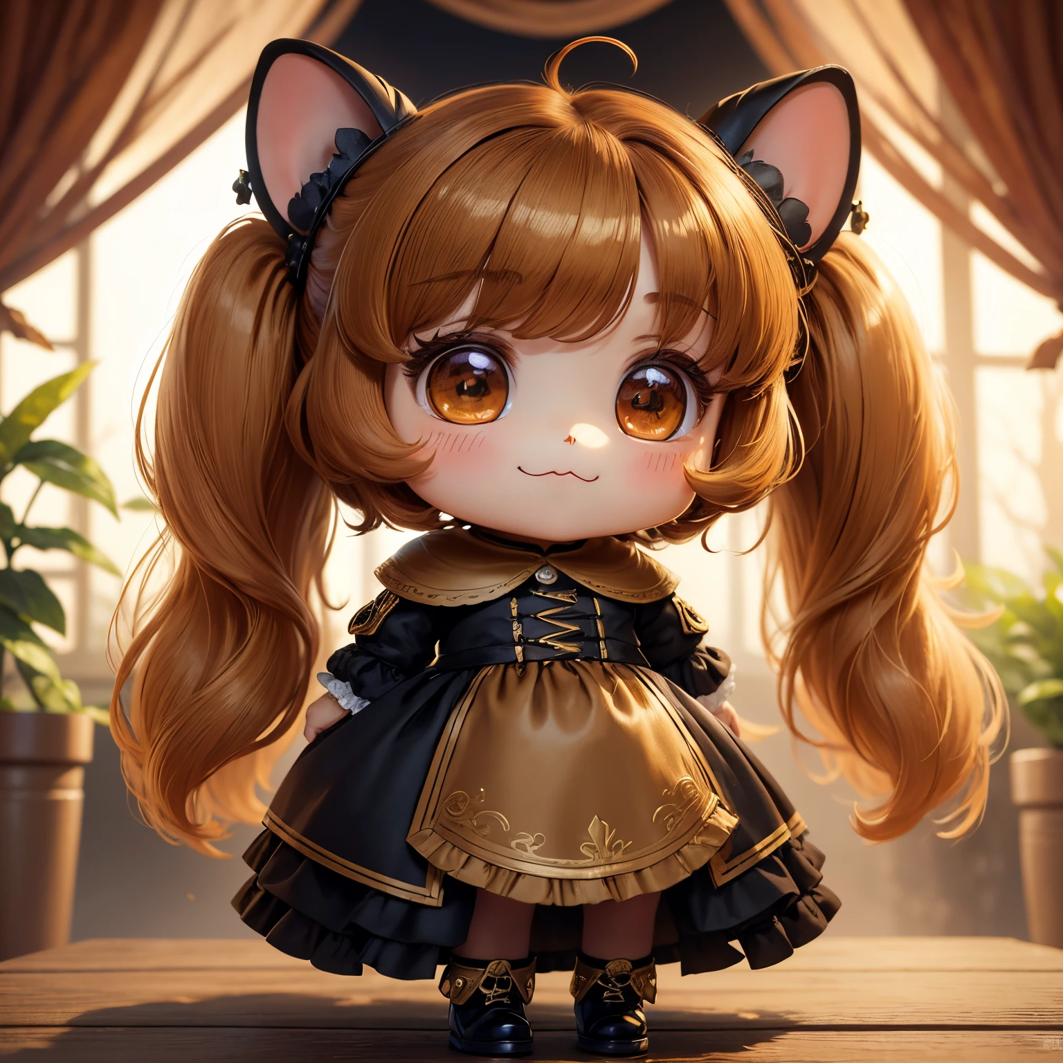 masterpiece、top-quality、ultra-detailliert、(Chibi Chara's Daughter:1.2)、(American cocker spaniel floppy ears:1.3)、Golden brown hair、wraith、Fairytale autumn forest、A smile、Full-body standing figure
