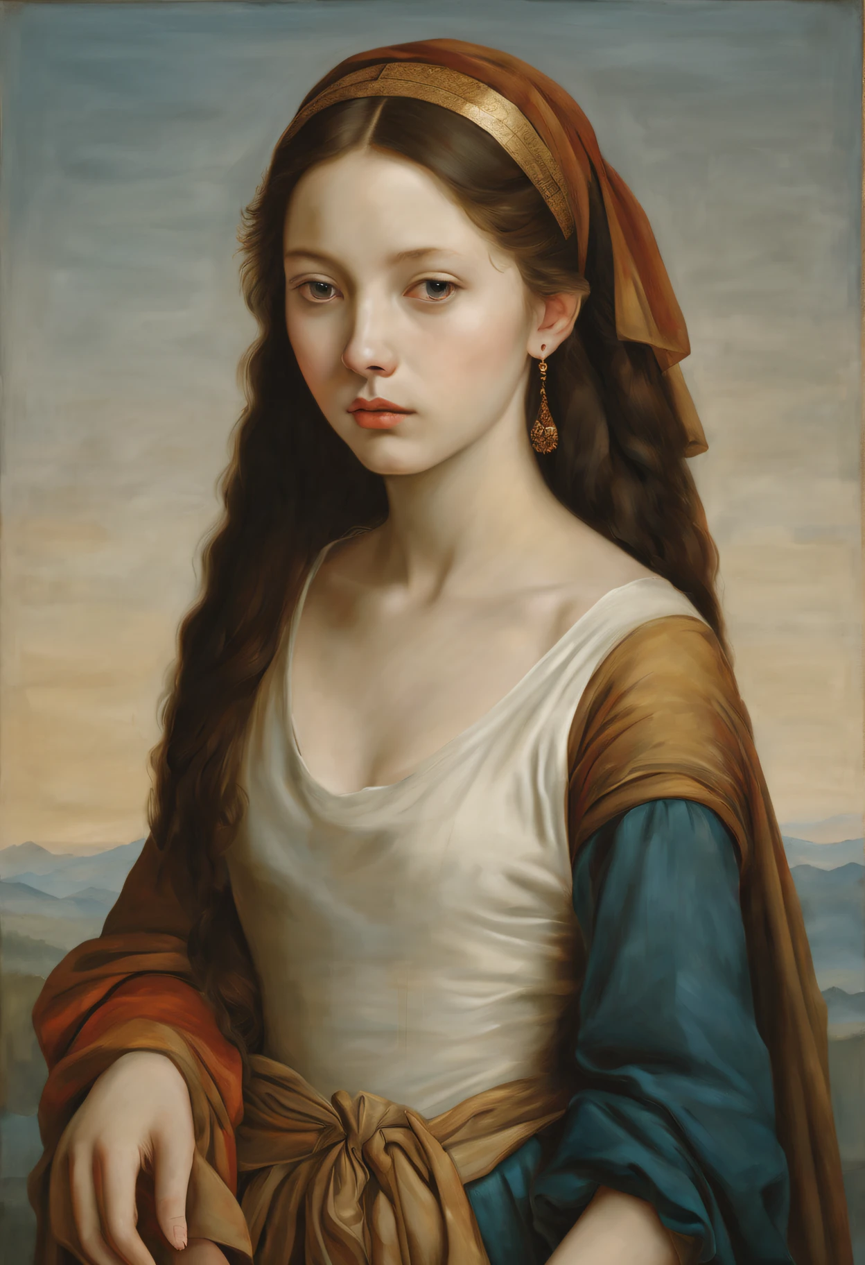 Minimalist style renaissance oil painting beautiful girl,詳細な目