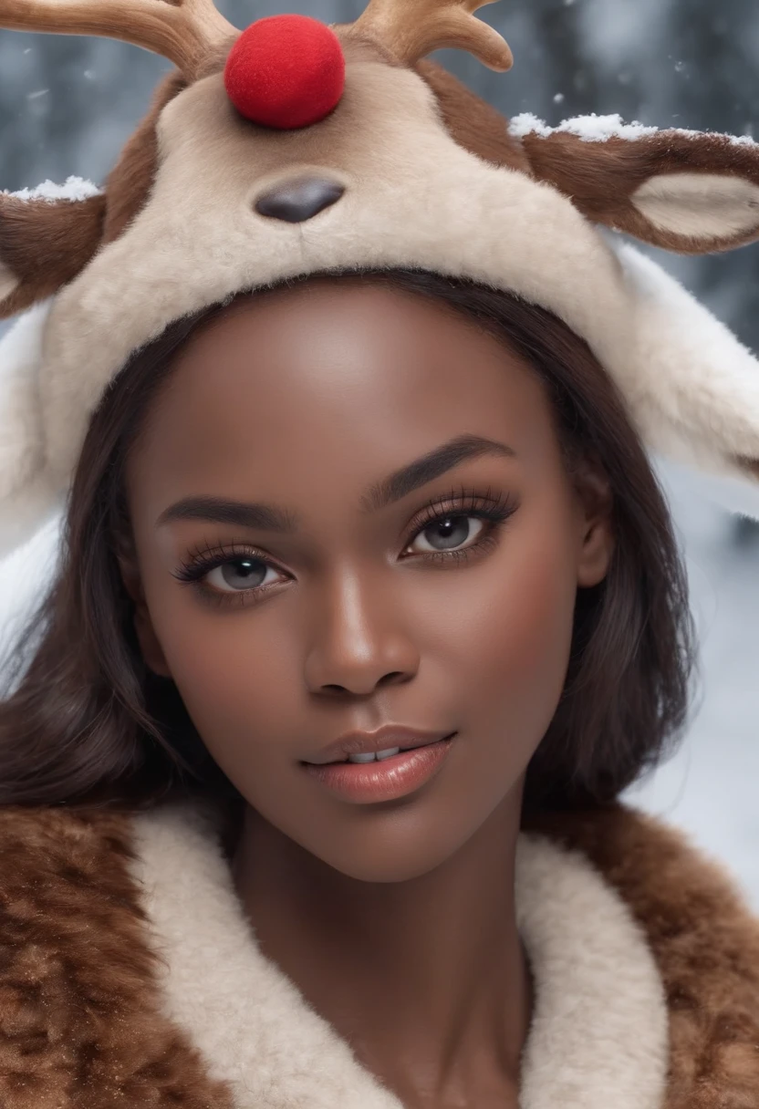 ((Very Dark African skin, Very deep ebony skin)), ((Its beauty  undeniable)), ((Excited cute face)), ((Hyper detailed perfect eyes,)), ((attitude shocked)), ((Language output)), ((Seductive )), sexy, ((( Reindeer Hat), Warm winter clothes), Skinny jeans, braided African hair,)), ((skin)), ((Sitting on knees in the snow, view from above)), ((Mouth open, tongue sticking out)), Sharp Focus CGI, photoreallistic, High detail, Realstic, Masterpiece, absurd, Best quality, Hdr, High quality, high-definition, Extremely detailed, 8k wallpaper, Intricate details, 8K UHD, Full-HD, (photo realist:1.2), contrast, intense illumination, lighting cinematic, natural lighting, hard light, backlight, Iglobal illumination, ambient occlusion, full body picture