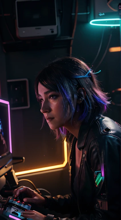 Jogos de console whit 1monitor, vidro, detalhes ornamentados, luz noturna neon , fotorrealista, 8k, Particles in the cyberpunk style scene, luzes neon, luz e cores de cinema,