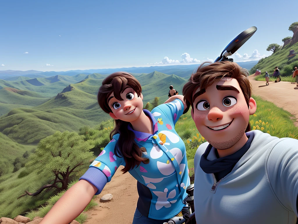 Disney pixar style film cover with a young couple who are riding a bike and stopped to take a photo on top of a mountain. FILM TITLE "Lover's"