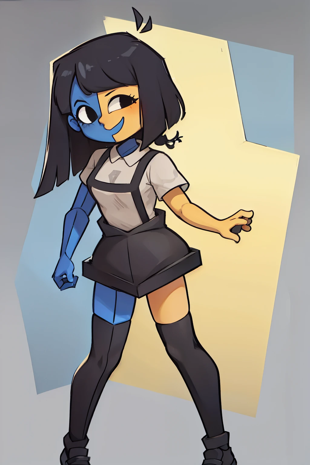 ENA (Joel G), split color body (blue on right, yellow on left), white t-shirt, black skirt with overall straps, 1girl, black eyes, black socks (thigh-high on right, ankle on left), black shoes, grain effect on hair, perfect anatomy, solo, better hands
