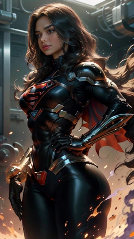 Mulher bonita cabelo preto curto definido corpo seios grandes, vestindo supergirl