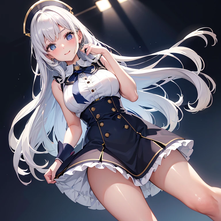 Portrait of a girl with long silver hair、Sleeveless, High collar white button front shirt、Navy cameo ribbon tie with gold trim、Navy blue high waist flared miniskirt with bustier、white voluminous underskirt、White socks above the knee、Bursting smile、Redness of the cheeks