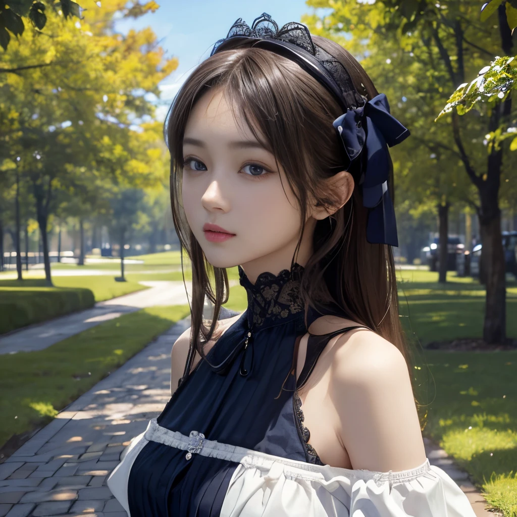 masterpiece、Two beautiful girls、A detailed eye、超A high resolution(reality:1.4)very extremely beautiful, Beautiful skins, A slender,skinny body、being thin、 Forward-facing body, (A hyper-realistic), (hight resolution), (8K), (ighly detailed), (ultra-detailliert), 详细的脸,、gentle face、twinsies、A beautiful square with blue sky、torso、off shoulders、Gothic lolita、Facing to the side
