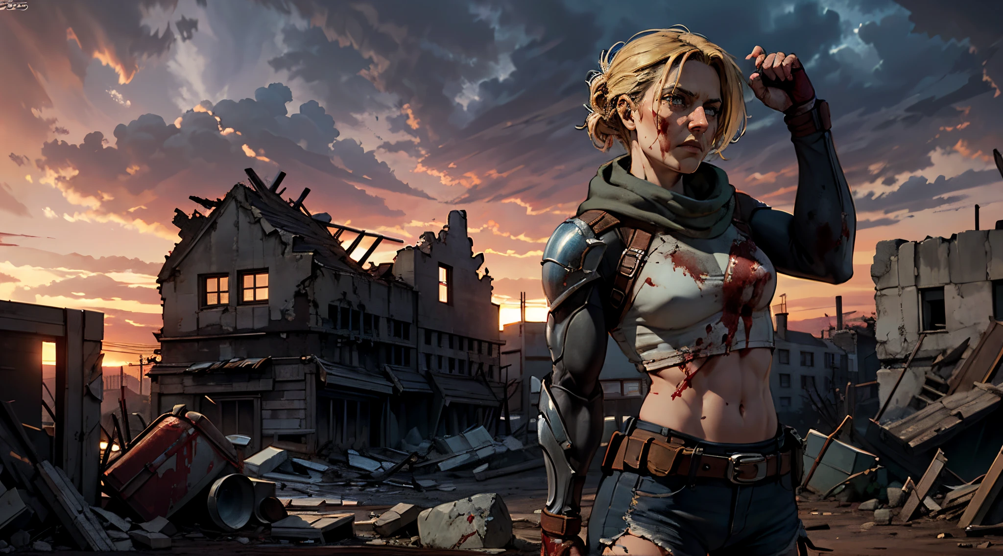 annieaot, a Mortal Kombat warrior, unmasked, on a desolate, post-apocalyptic battleground, debris and ruins scattered around, portraying a solemn yet resolute expression, under a blood-red sky with stormy weather, Photography, high-resolution DSLR with a 50mm prime lens capturing stark realism, --ar 16:9 --v 5