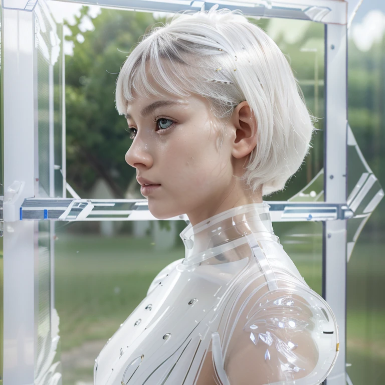 Highest quality,The perfect masterpiece,Perfect artwork,Official Works,8K,, (Upper Body Portrait:1.3),((Seen from the side:1.5)),close-up lens,Delicate face,, 17 years old,White-haired girl,(hakuhatsu:1.5),short and medium hair,((White transparent eyes:1.5)),(white dress:1.2),(Transparent clothing:1.2),(Black background:1.3),, pearl illusion,Cyberpunk,fashion trend,3s material,high-definition,detail representation,c4d,3D,octane rendering,ray tracing,complex details,animated lighting,OCrenderer,