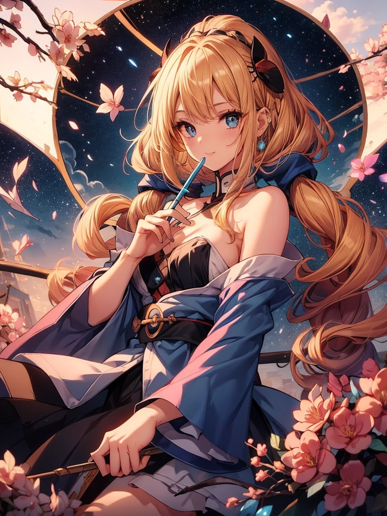 1 girl, (Iridescent hair, Hair color, Half blue, half pink hair: 1.2), 17 years younger, blue_sky sky, Holding a magic wand, 夏天 (seasons), petals_Shown in_liquids, Black cloak with hood, Red and black ripped dress, a skirt: 1.2, (Long curly blonde hair: 1.5), sky sky, External, cloud, through bangs, ssmile, skyblue eyes, bshoulder, Perfect hands, Hand detail, fixed fingers. ear nipple ring, bigger + Background with, lookingat_Shown in_Peek at viewers, cow boy shooting, quality, Rich details​, perfect image quality, Get out