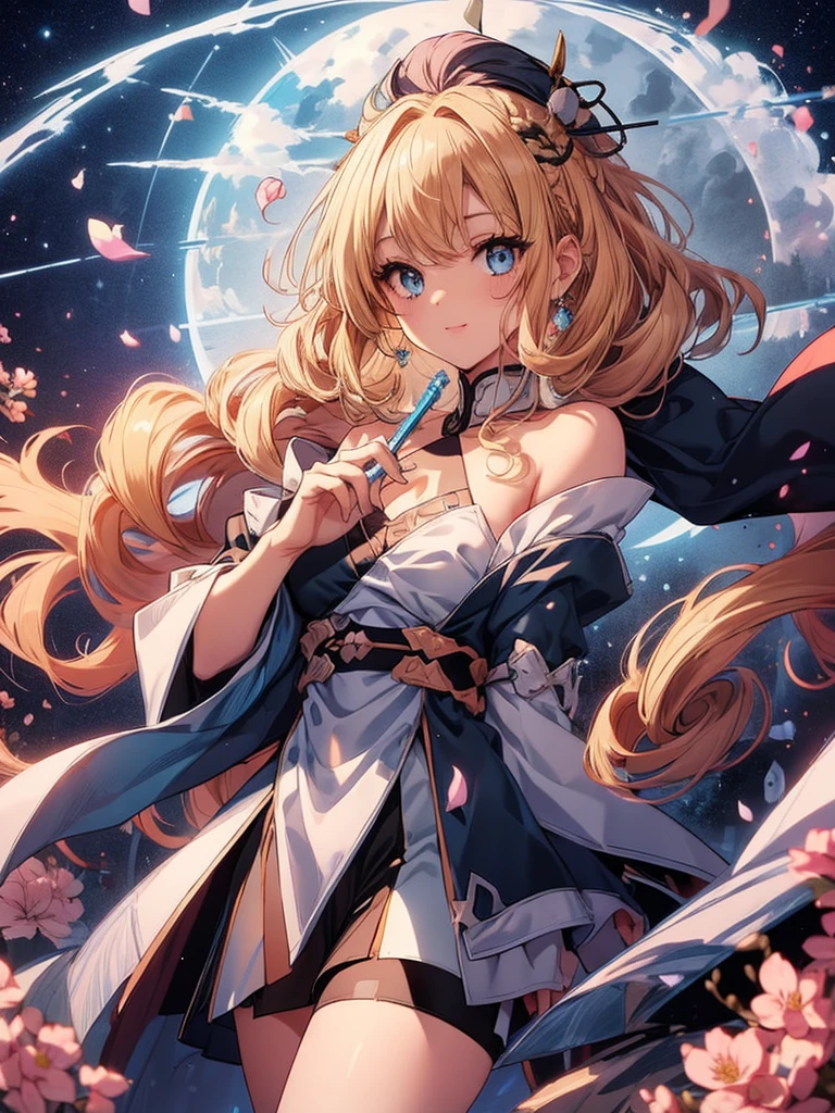 1 girl, (Iridescent hair, Hair color, Half blue, half pink hair: 1.2), 17 years younger, blue_sky sky, Holding a magic wand, 夏天 (seasons), petals_Shown in_liquids, Black cloak with hood, Red and black ripped dress, a skirt: 1.2, (Long curly blonde hair: 1.5), sky sky, External, cloud, through bangs, ssmile, skyblue eyes, bshoulder, Perfect hands, Hand detail, fixed fingers. ear nipple ring, bigger + Background with, lookingat_Shown in_Peek at viewers, cow boy shooting, quality, Rich details​, perfect image quality, Get out