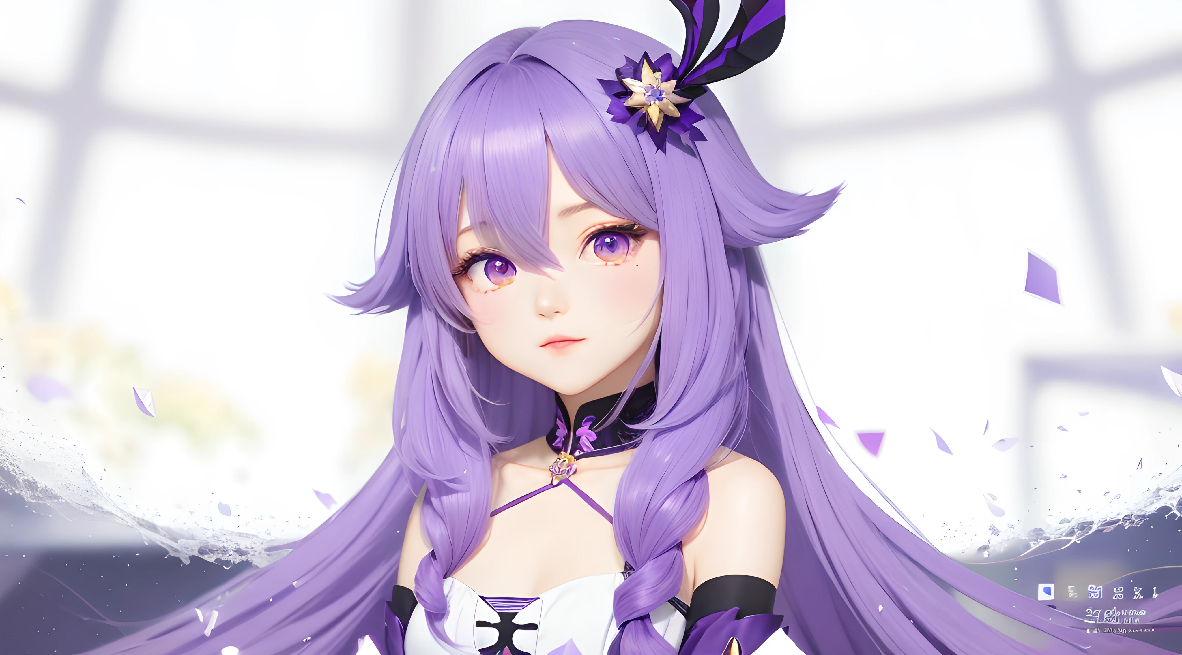 Anime girl with purple hair and purple eyes in white dress, Ayaka Genshin Impact, Game Ayaka Genshin Impact, anime moe artstyle, Keqing from Genshin Impact, marin kitagawa fanart, knight portrait of zodiac girl, genshin, zhongli from genshin impact, Akasuki Pulse Star, zerochan art, With shining purple eyes..