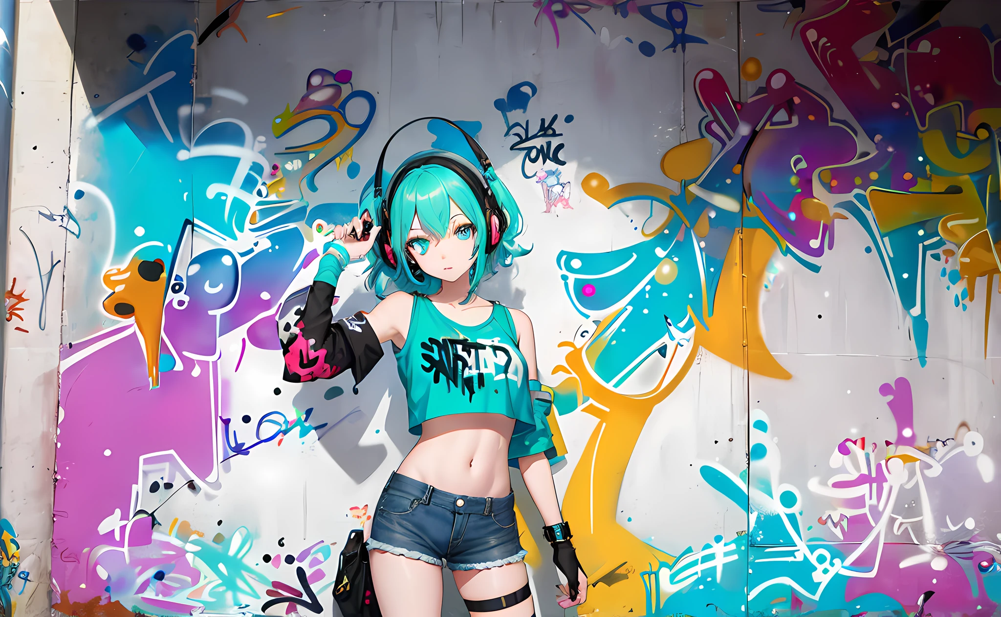 masterpiece, best quality, 1girl, solo, crop top, denim shorts, (graffiti:1.5), paint splatter, against wall, looking at viewer, armband, thigh strap, head tilt, multicolored hair, aqua eyes, headset,