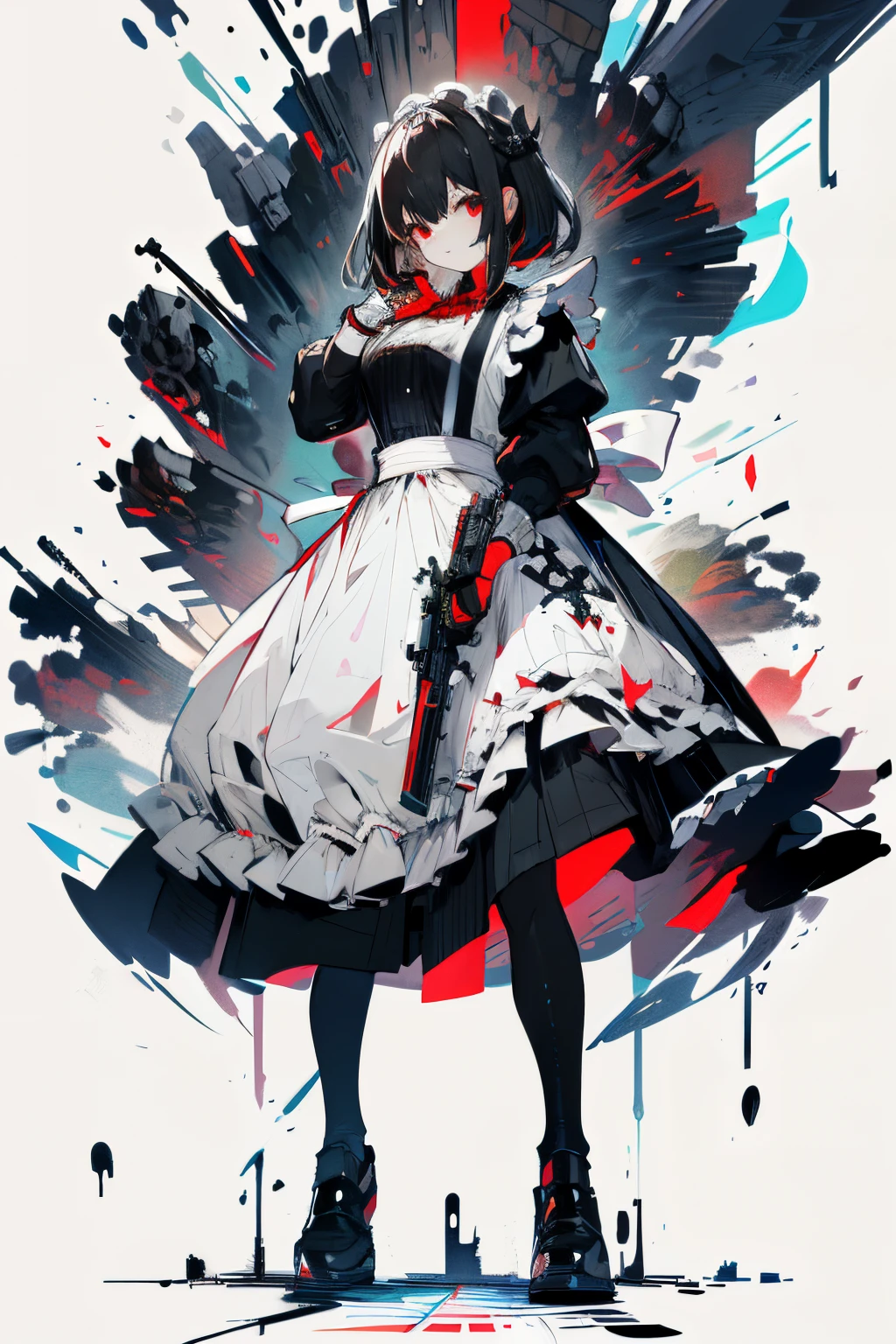 Art Book:1.3, quilt art:1.2),( Reasonable design, Clear lines, High Sharpness,Best Quality, Very detailed, masutepiece, Movie Light Effects, 4K )、(maid clothes:1.2)、maid dress、(Illustration Cool:1.5)、(1girl in:1.0)、White background、girl with、full body Esbian、black and red motif antasia, Detailed picture、Cool smile、Cool Beauty、Red Eyes、Killer、assassin maid、guns、rifle、Standing picture、Cool appearance、Assassin(Holding a gun in your hand)