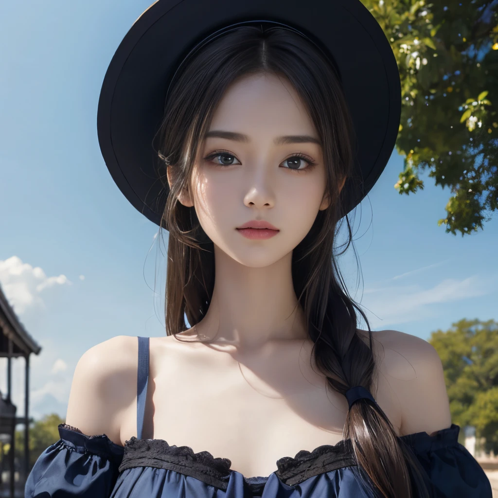 masterpiece、Two beautiful girls、A detailed eye、超A high resolution(reality:1.4)very extremely beautiful, Beautiful skins, A slender,skinny body、being thin、 Forward-facing body, (A hyper-realistic), (hight resolution), (8K), (ighly detailed), (ultra-detailliert), 详细的脸,、gentle face、twinsies、A beautiful square with blue sky、torso、off shoulders、Gothic lolita、Facing to the side