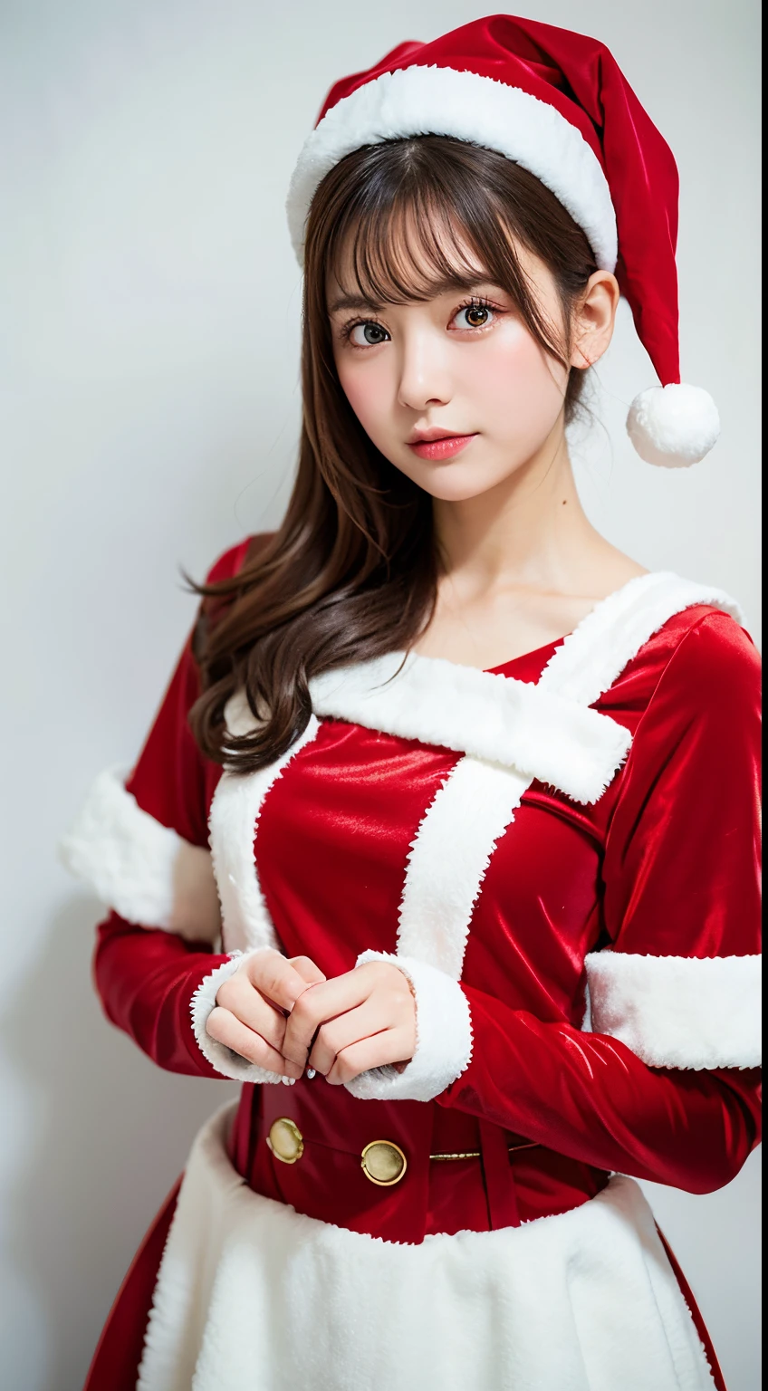 Top quality, one beautiful woman, wearing santa claus costume, 35mm lens, f/1, cowboy shot, (white background: 1.3), cristmas tree