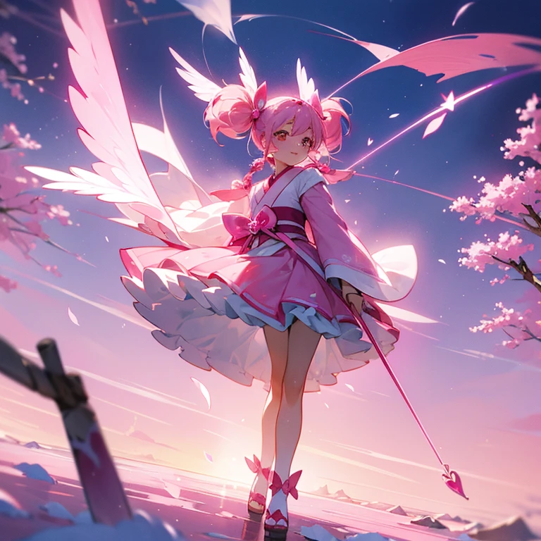 ars,a beauty girl,The human,2 limbs,Precure,magical littl,pink there,Pink hair color,Long twin tails fluttering in the wind,bangss,Pink eyes,Big sparkling eyes,pink ribbon with white feathers,Pink kimono,Pink gradient,japanic style,European style,Fluffy skirt,knee high socks,Sandals,Ribbon with pink heart jewels,cute little,fight,kindly smile,uses magic,Witch,short magic wand with pink gems,Rose Quartz,pink crystal,Golden light,presence,blue-sky,cherry trees,frontage,stand,Best Quality,hightquality,high-level image quality