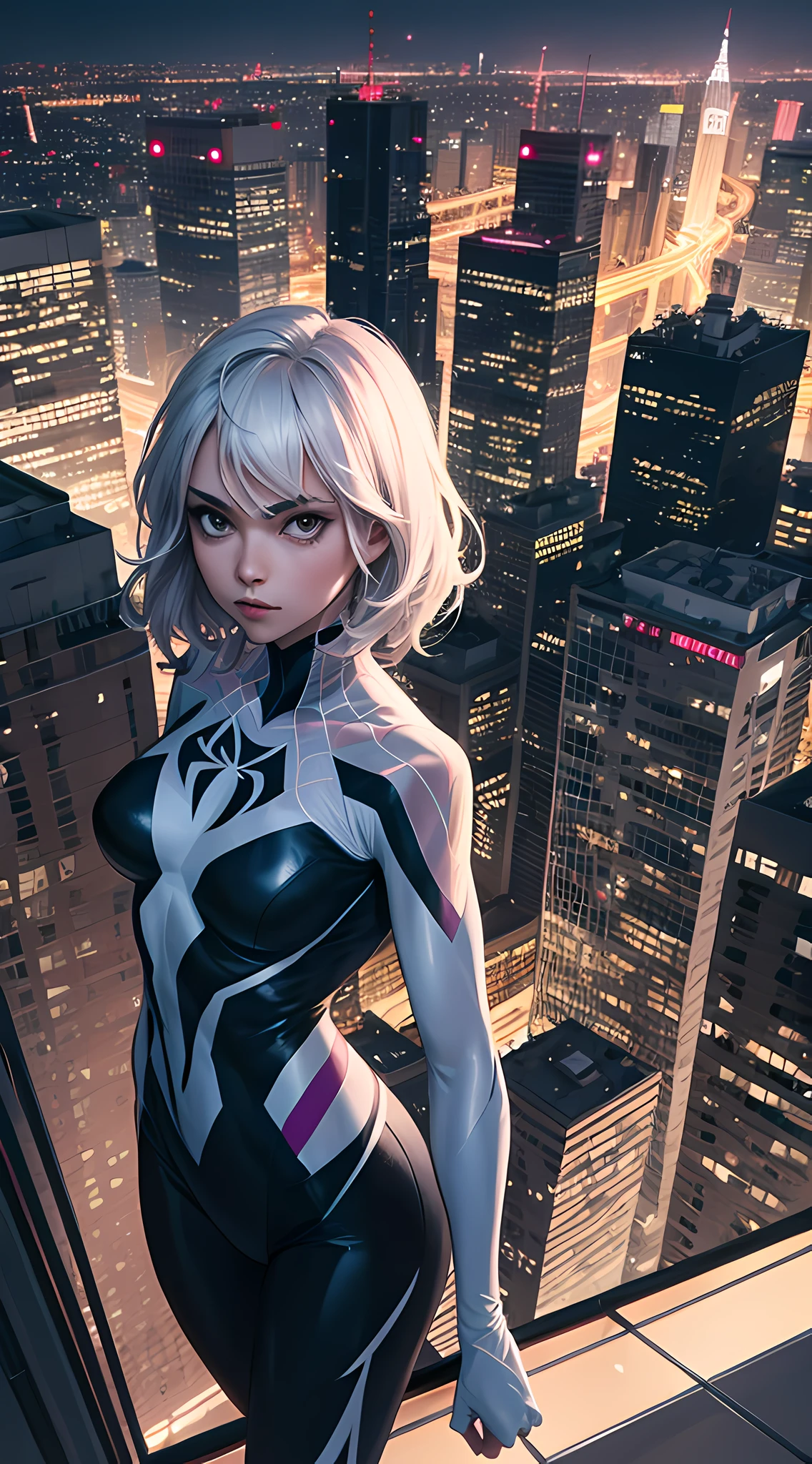 Spidergwen, 1girl, architecture, night, outdoors, solo, ((masterpiece)), on top of a building, city in the background