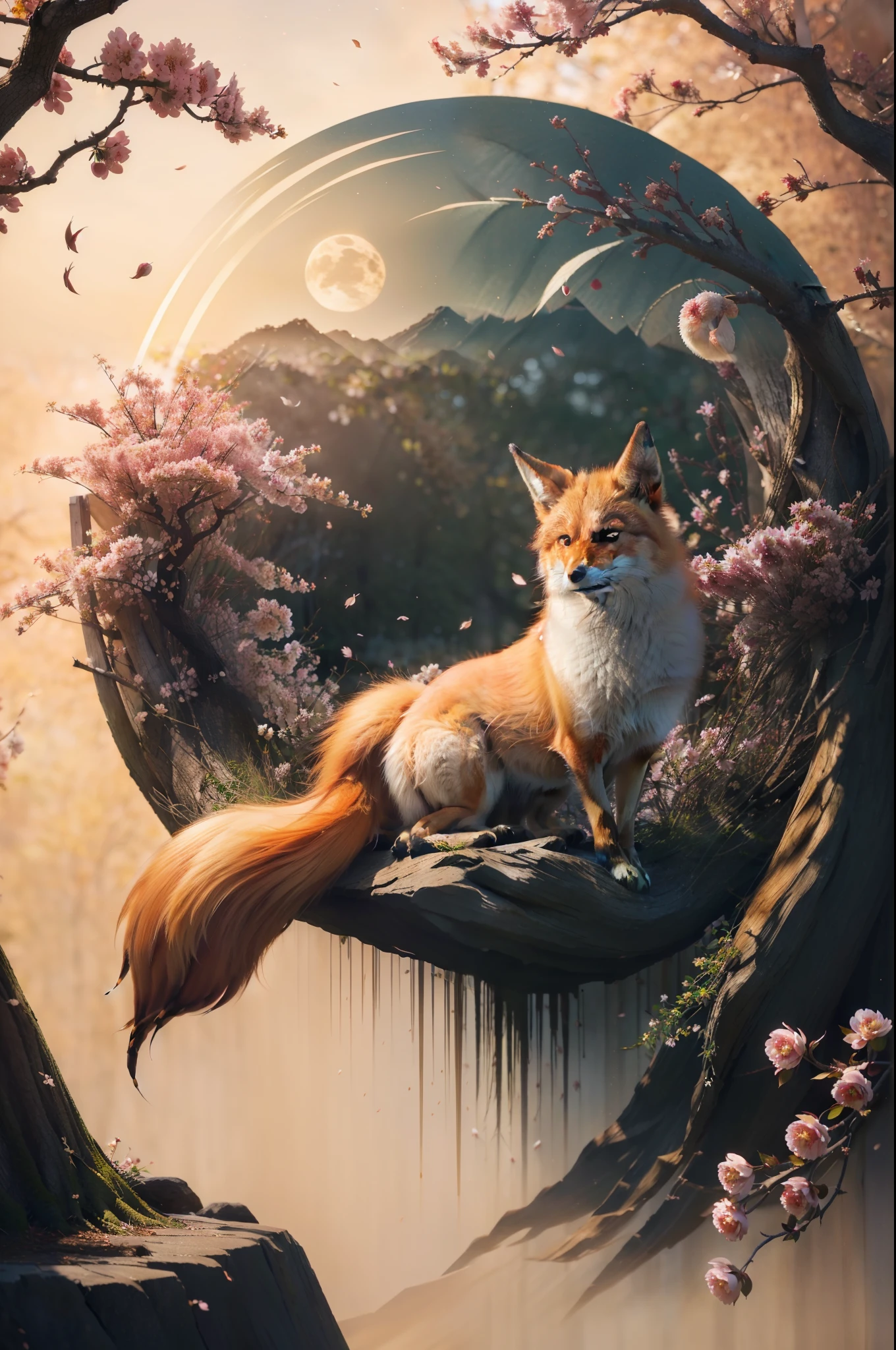 the Nine-Tailed Fox、9 tails,four legged fox、golden coat、shiny hair color、A detailed、​masterpiece、Top image quality、Cherry blossoms in full bloom in the background、Each petal was carefully made.....................、depth of fields,look at the cherry tree,big black fox eyes