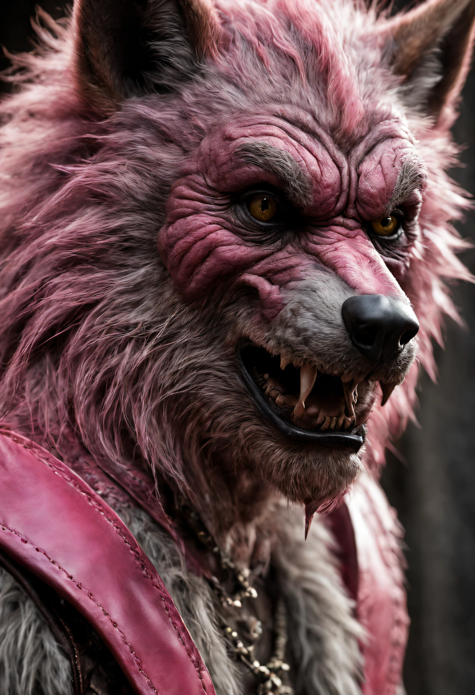 Hyper detailed photograph of a captivating portrait of a wise and weathered werewolf, adorned with pink leather  and a rugged expression that tells tales of countlesshunts, (looking at viewer:1.2), (sharp focus, hyper detailed, highly intricate:1.20), (natural lighting:1.2), Extremely high-resolution details, photographic, realism pushed to extreme, fine texture, incredibly lifelike, cinematic, 35mm film, 35mm photography, film, photo realism, DSLR, 8k uhd, hdr, ultra-detailed, high quality, high contrast