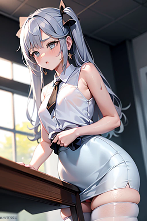 1girl, table humping, crotch rub, white shirt, pencil skirt,
office, white panties, skirt lift, lanyard, table, lifting, multiple boys,suggestive fluid,, masterpiece, best quality, highly detailed