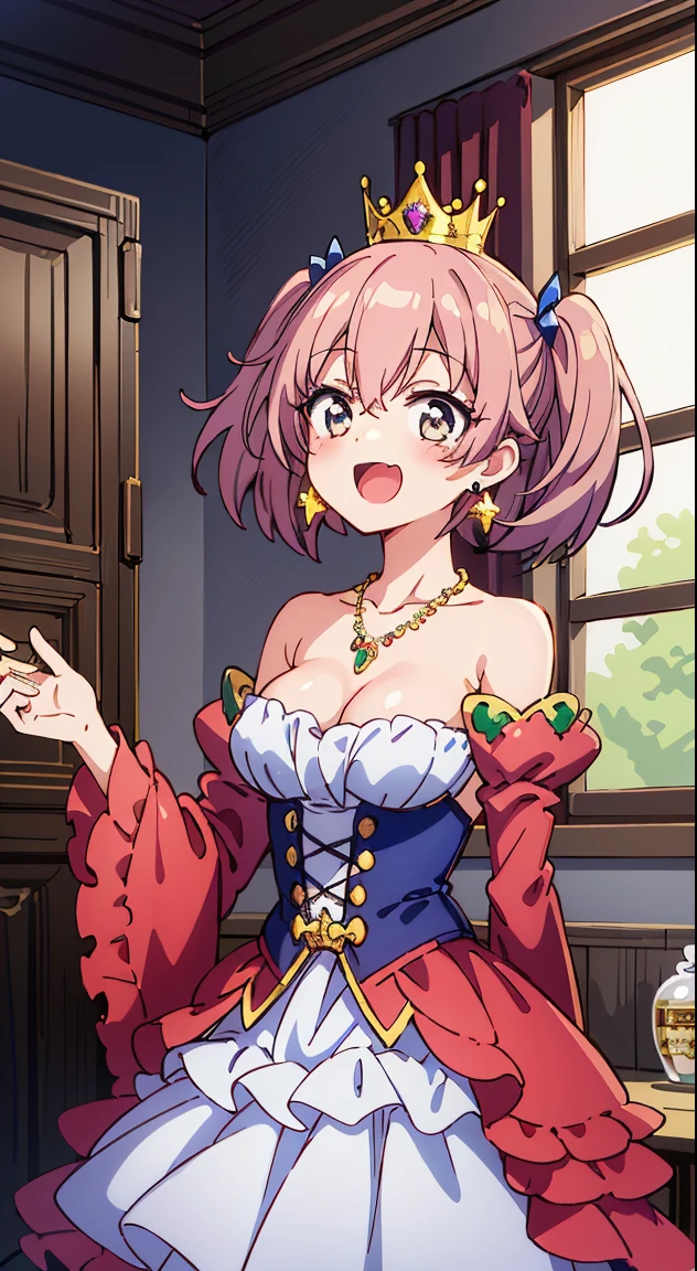 (masutepiece, Best Quality, Perfect Anatomy, High quality:1.4), nice hand, Perfect hands, Detailed beautiful hands, Large_filesize, fulcolor, hight resolution, symmetric, exceptional, Best aesthetic, newest, Anime, very beautiful detailed body、The hair、faces、The eye,
BREAK,
1 beautiful girl, Solo,(Cute:1.5),(Chibi:0.8), (kawaii:1.5),(Lori:0.5), BREAK, (girl, Cute, Cheerful, face, medium breasts:1.2),(Pink hair,disheveled short twin tails,tareme,Gold eyes:1.2),gleaming skin,Clear skin, cleavage of the breast,Beautiful , gleaming skin,Clear skin, Beautiful skin,( A smile:1.5),(best quality face),(Top quality glowing eyes), (Doya face,brave face:1.45),BREAK (Princess), (((Elegant))), (queen jewel crown:1.3)goddess like,Golden lingerie, red capelet, bow ribbon, White Gloves, Pink dress, frilld:1.6),(princess fantasy jewelry dress, Layered sleeves,Jewelry Necklaces,Ruby Earrings:1.5), put hands on the hip, Smile, Open mouth,slutty makeup,BREAK,(natta), inside in room,Gothic bedroom, a canopy bed,huge window,naked girl poster,coke,on back, tusk, Open mouth, Looking away,depth of fields,
BREAK,wakame,wakame,wakame,(Cowboy Shot:1.4),
BREAK,(Blurry background:1.3),(absurderes, hight resolution, Super Detail Art),cel shading,Clear Color, Lonely optical effect, Beautiful pictures, Bright glow, mystic atmosphere,(Close-up of girl:1.1), Mystical light particle effect,manga influence, clean line drawings,