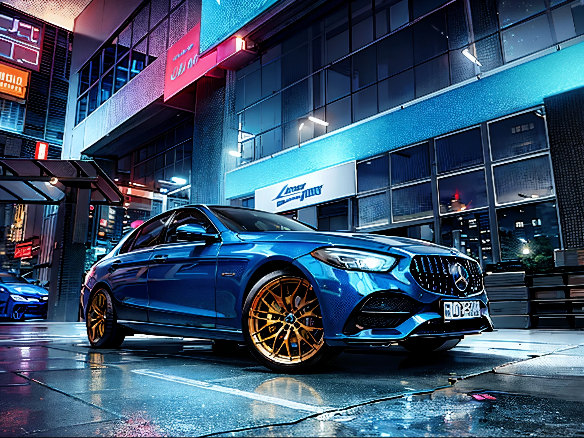 blue Mercedes car, masterpiece, best quality, high quality, extremely detailed CG unity 8k wallpaper, neon, cyberpunk city, shot on a Sony mirrorless camera, DSLR, 50mm lens f/2.8, ultra detailed, 8k, --v 4