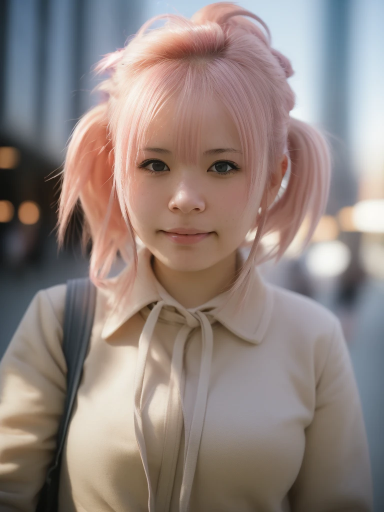 Portrait photo of a young girl, (laughing:0.7), pink ponytails hair, complex city background, backlit, (cinematic:1.5), epic realistic, hyperdetailed, insane details, intricate details, accent lighting, soft volumetric light, bokeh, (dramatic light:1.2), (neutral colors:1.3), cross process