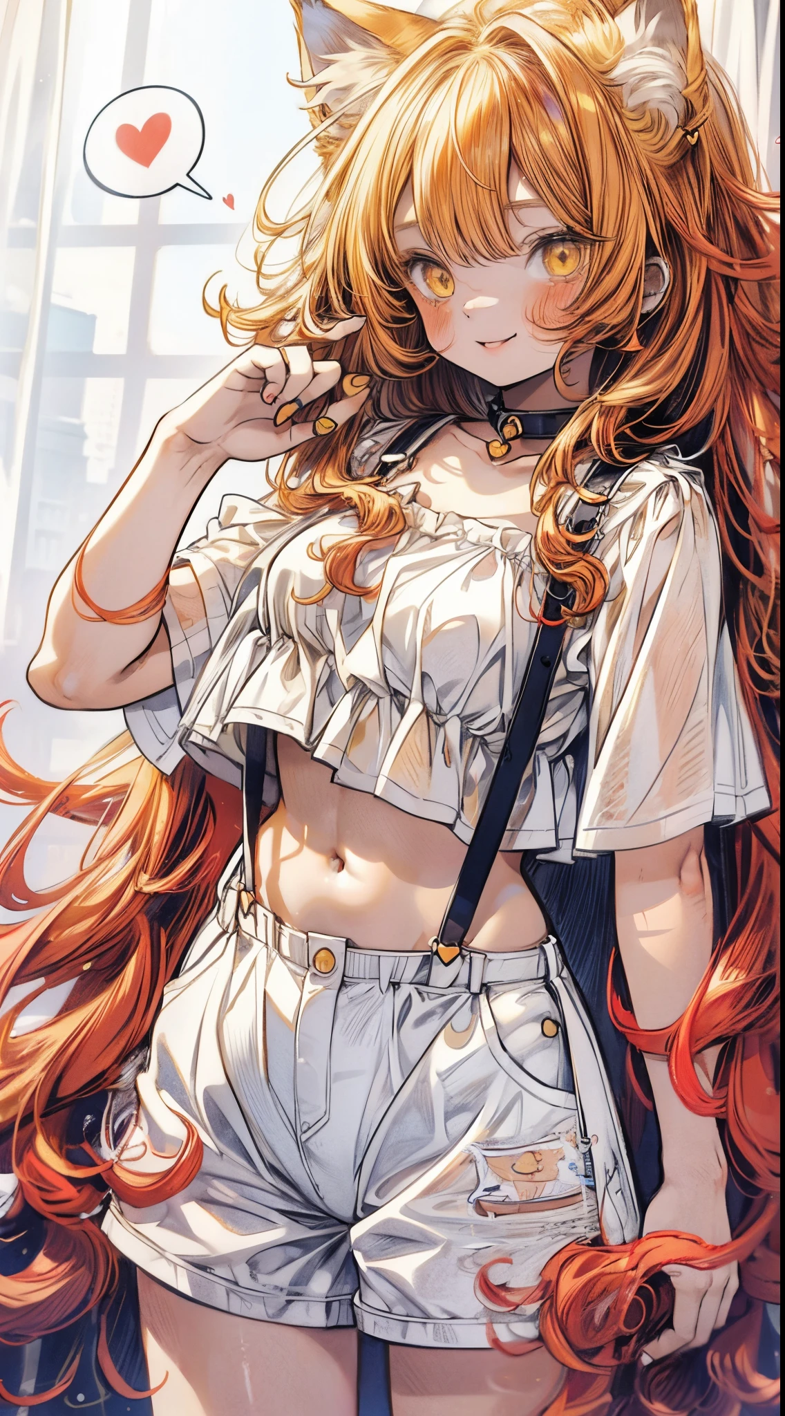 Masterpiece,best quality,insanely detailed,1 cute **** girl ,(***:1.3),smile,(red wavy messy hair,long hair:1.3),(yellow cat eyes ,cat ears:1.3),white t-shirt,suspenders,hot pants,baring navel,stomach,(abs:0.8),one hand paw pose,living room,(spoken heart:1.2),hyper realistic, perfect anatomy, perfect 5 fingers,amazing,super fine illustration