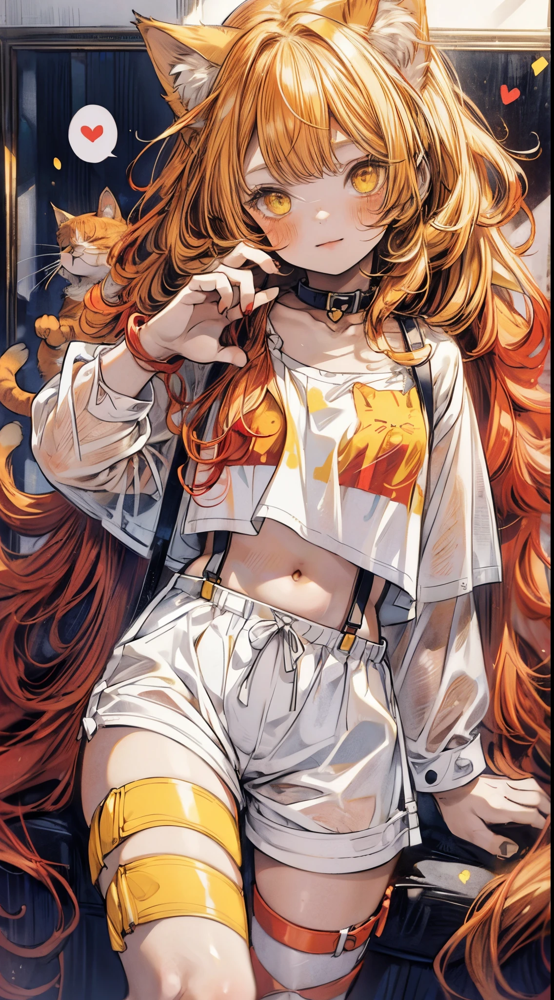 Masterpiece,best quality,insanely detailed,1 cute **** girl ,(***:1.3),smile,(red wavy messy hair,long hair:1.3),(yellow cat eyes ,cat ears:1.3),white t-shirt,suspenders,hot pants,baring navel,stomach,(abs:0.8),one hand paw pose,living room,(spoken heart:1.2),hyper realistic, perfect anatomy, perfect 5 fingers,amazing,super fine illustration