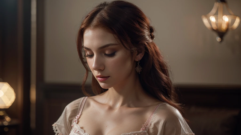 beautiful,slavic woman,young girl ,slavic look,folk clothes,blurry background,red hair,heavy make up,pink lipstick,Polish,4k,ultra realistic,realistic body, realistic face,pale skin,highly detailed skin, reflective eyes,sultry pose, seductive, epic, dramatic,fantasy,ultra detailed and intricate background, highly detailed, hyperornate details,dense, atmospheric, volumetric lighting , cinematic, octane render, unreal engine, hyperrealistic, photorealistic, photo realism, modelshoot style, depth of field, professional photography, professional DSLR camera, muted colors, Tungsten lights, UHD,HDR,sexy lingerie,full body,eyes closed,mouth open,one girl