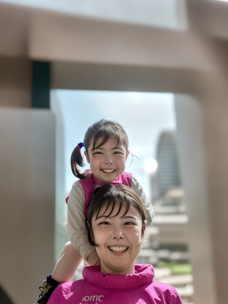 Portrait photo of a young girl, (laughing:0.7), pink ponytails hair, complex city background, backlit, (cinematic:1.5), epic realistic, hyperdetailed, insane details, intricate details, accent lighting, soft volumetric light, bokeh, (dramatic light:1.2), (neutral colors:1.3), cross process