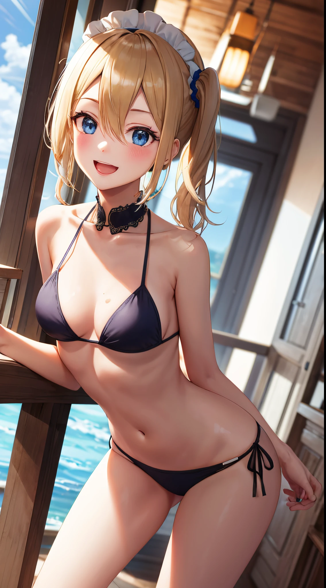 masterpeace, Best Quality, high resolucion, 1girl, hayasaka ai, report, blonde hair, maiden, blue eyes, Side ponytail, hair scrunchie, hair ornament, blue scrunchie, maid headdress, (top angle view), Hair between the eyes, medium breasts, Bikini only, slim body, Very thin bikini, Cowboy shot, a smile, open mouth, Extended language, leaning forward,