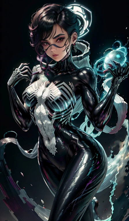 4k,realista,Glamouroso,O muito detalhado,There a girl in Dingcheng,vestindo um traje preto do Homem-Aranha,(preto e branco:1.4) a noite,simbionte,veneno,uma grande quantidade de muco,she a spider man,Black superhero theme,,olhos vermelhos,in front of the sky,tez corada,( pernas abertas, dedo de camelo,, Forma vulvar:1.2) ,(Hold the wrist of one hand,Place the wrist of your other hand in front of your abdomen),longos cabelos brancos,25 anos,corpo inteiroesbian