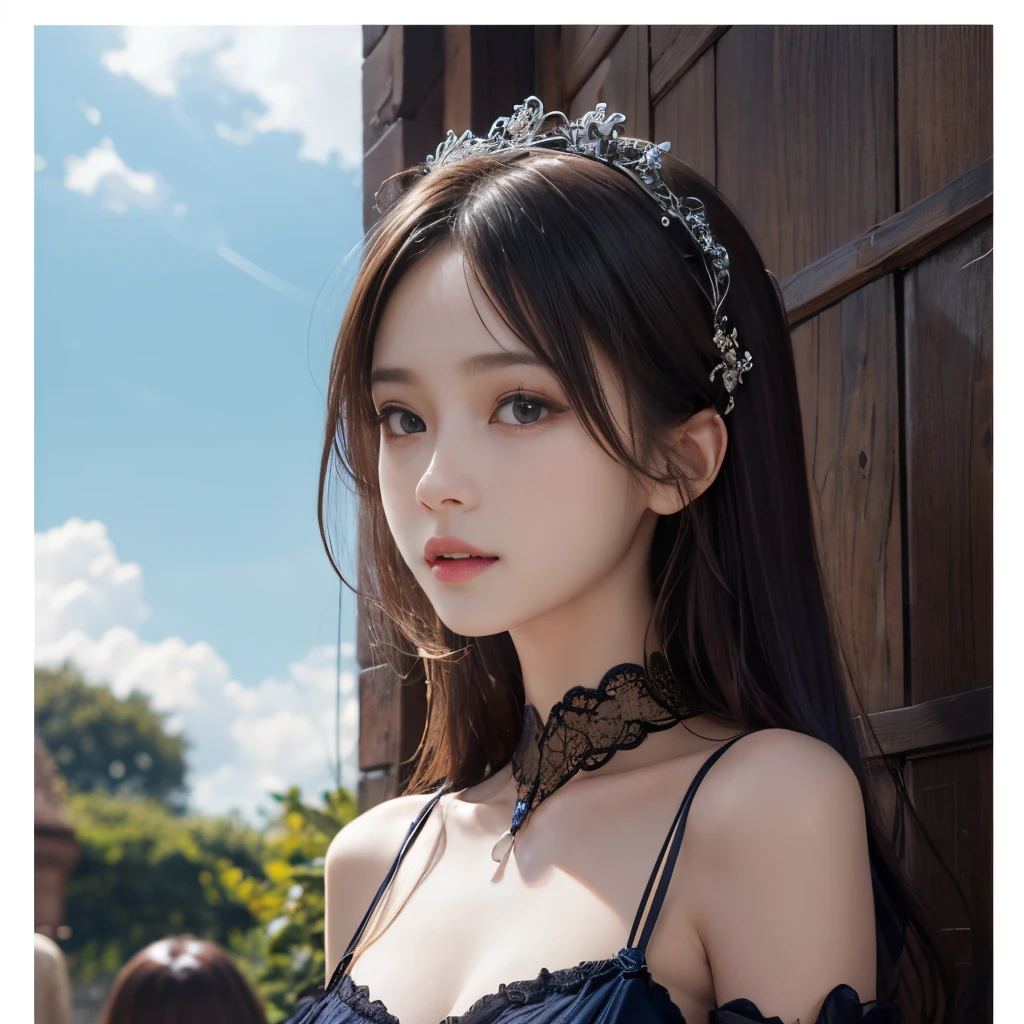 masterpiece、Two beautiful girls、A detailed eye、超A high resolution(reality:1.4)very extremely beautiful, Beautiful skins, A slender,skinny body、being thin、 Forward-facing body, (A hyper-realistic), (hight resolution), (8K), (ighly detailed), (ultra-detailliert), 详细的脸,、gentle face、twinsies、A beautiful square with blue sky、torso、off shoulders、Gothic ta、Looking to the side