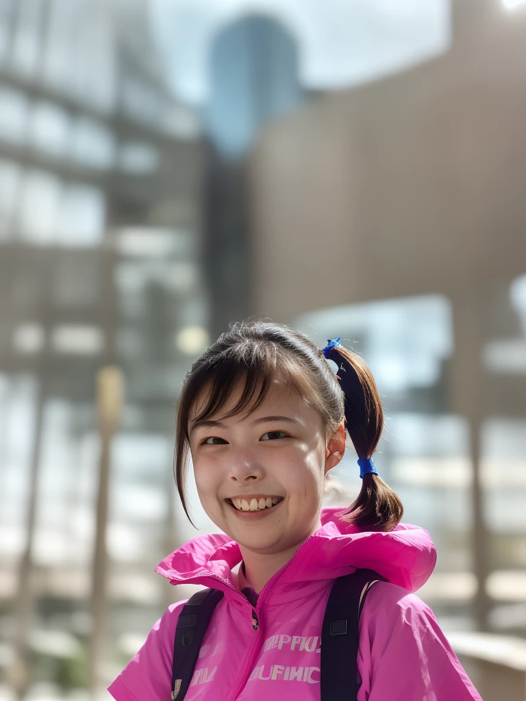 Portrait photo of a young girl, (laughing:0.7), pink ponytails hair, complex city background, backlit, (cinematic:1.5), epic realistic, hyperdetailed, insane details, intricate details, accent lighting, soft volumetric light, bokeh, (dramatic light:1.2), (neutral colors:1.3), cross process