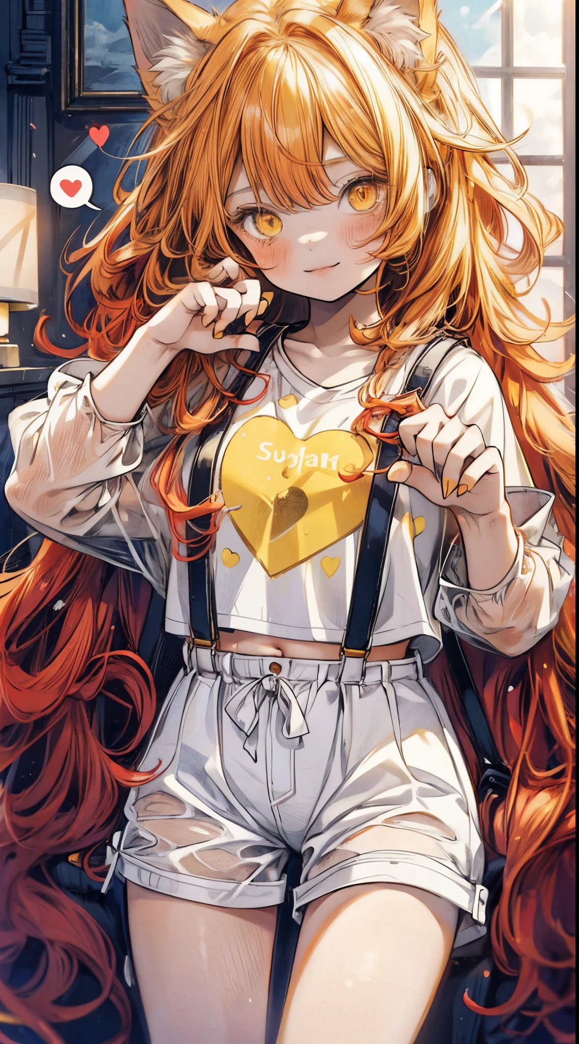 Masterpiece,best quality,insanely detailed,1 cute girl ,(8yo:),smile,(red wavy messy hair,long hair:1.3),(yellow cat eyes ,cat ears:1.3),white t-shirt,suspenders,hot pants,baring navel,stomach,(abs:0.8),one hand paw pose,living room,(spoken heart:1.2),hyper realistic, perfect anatomy, perfect 5 fingers,amazing,super fine illustration