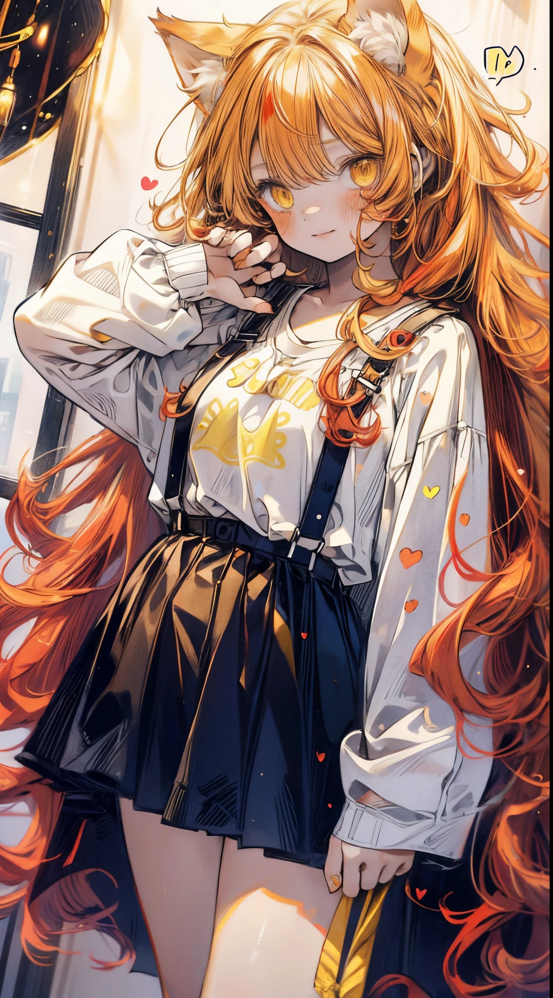 Masterpiece,best quality,insanely detailed,1 cute **** girl ,(***:1.3),smile,(red wavy messy hair,long hair:1.3),(yellow cat eyes ,cat ears:1.3),white t-shirt,suspenders,hot pants,baring navel,stomach,(abs:0.8),one hand paw pose,living room,(spoken heart:1.2),hyper realistic, perfect anatomy, perfect 5 fingers,amazing,super fine illustration