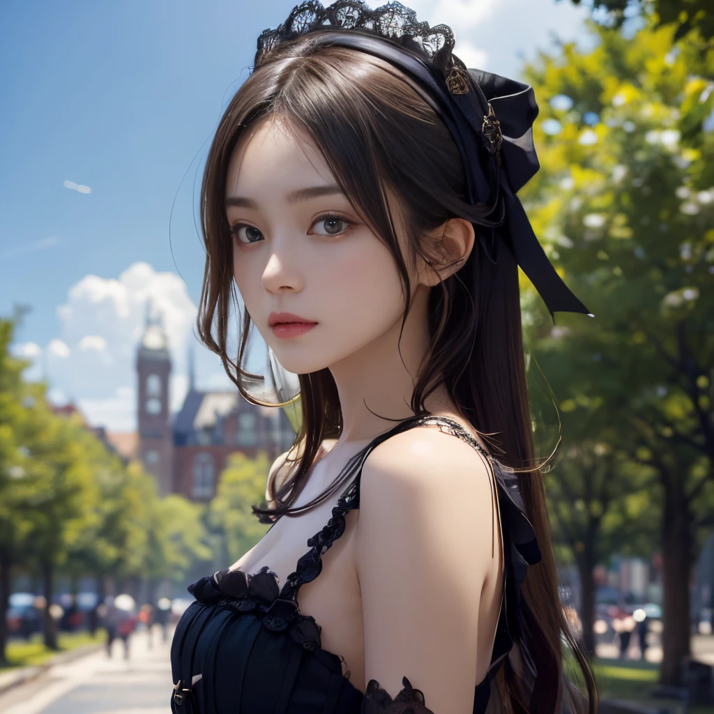 masterpiece、Two beautiful girls、A detailed eye、超A high resolution(reality:1.4)very extremely beautiful, Beautiful skins, A slender,skinny body、being thin、 Forward-facing body, (A hyper-realistic), (hight resolution), (8K), (ighly detailed), (ultra-detailliert), 详细的脸,、gentle face、twinsies、A beautiful square with blue sky、torso、off shoulders、Gothic lolita、Looking to the side
