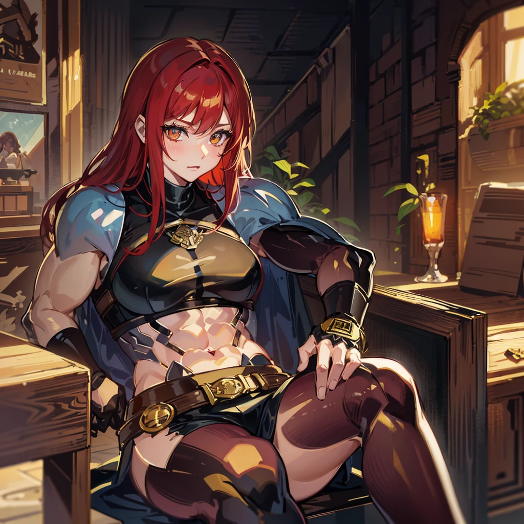 （（（​masterpiece）））、（（（Top image quality）））、（（（top-quality）））、（（（Illustration of one girl）））、（（（Muscle Girl）））、（（（neuter）））、a cool、（（Long hair with red hair））、Golden eyes、（（Tall））、（（（Muscular and strong body）））、（（（Muscular and strong body）））、（（Split abs））、（（（muscular and thick arms）））、（（muscular and thick thighs））、（（（manspreading）））、adventurer、（（（adventurer style clothes、Adventurer style equipment）））、Sitting on a chair、Medieval tavern