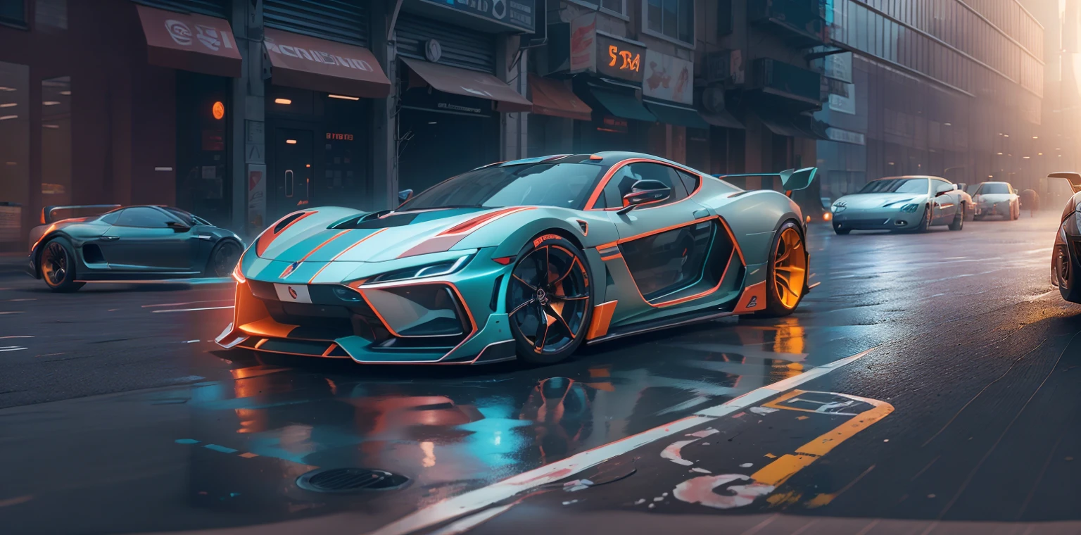 Close-up of a car on a city street，people walked by, bold lamborghini style, Daniel Maidman Octane Rendering, 8k octane 3d rendering, Rendering of futuristic supercar, 4k highly detailed digital art, 8 k octane detailed render, 3d digital art 4k, hyperreal rendering, octane association, 3D Octane rendering concept illustration