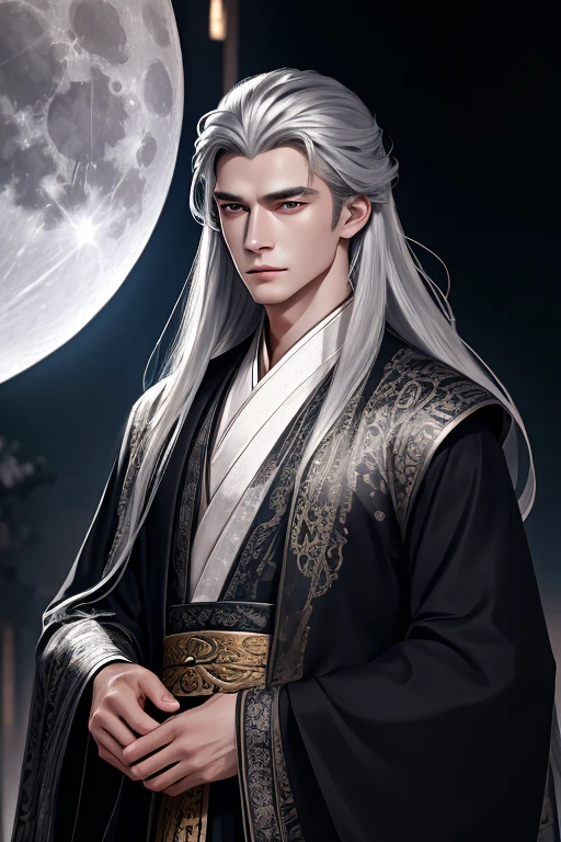 tmasterpiece,Best Picture Quality,Silver-haired man,male people,Black Hanfu,,long, floated hair,Wide-sleeved robe,ancient wind,Solid color clothes,The clothes do not have any patterns,cunning cunning expression,gentlesoftlighting,water ink,Behind it the full moon,