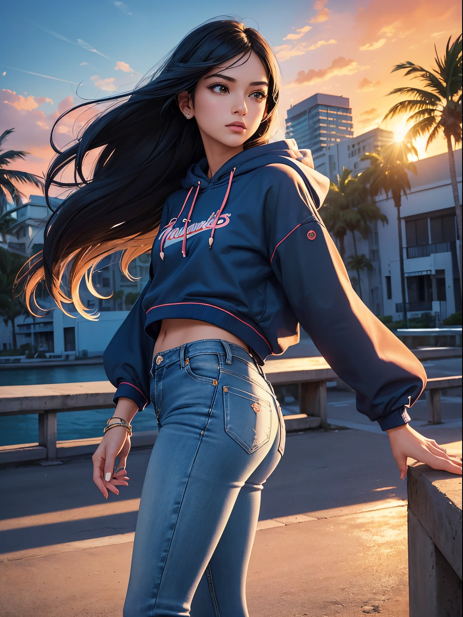 orange and royal blue tones、Vibrant colors、((masterpiece)))、(((top-quality)))、((ultra-detailliert))、(A hyper-realistic)、(highly detailed CGillustration)、Official art、CD cover、urbane、City Pop、Palm trees、Sunset beach、Long Black Hair、It will be、Cool feeling、Mid summer、Stylish、glorious 1980s、Cool Beauty、cochetti gorgeous、matchless beauty、Stylish hoodies、Tight jeans、Female Solo、Perfect Angle、perfect-composition