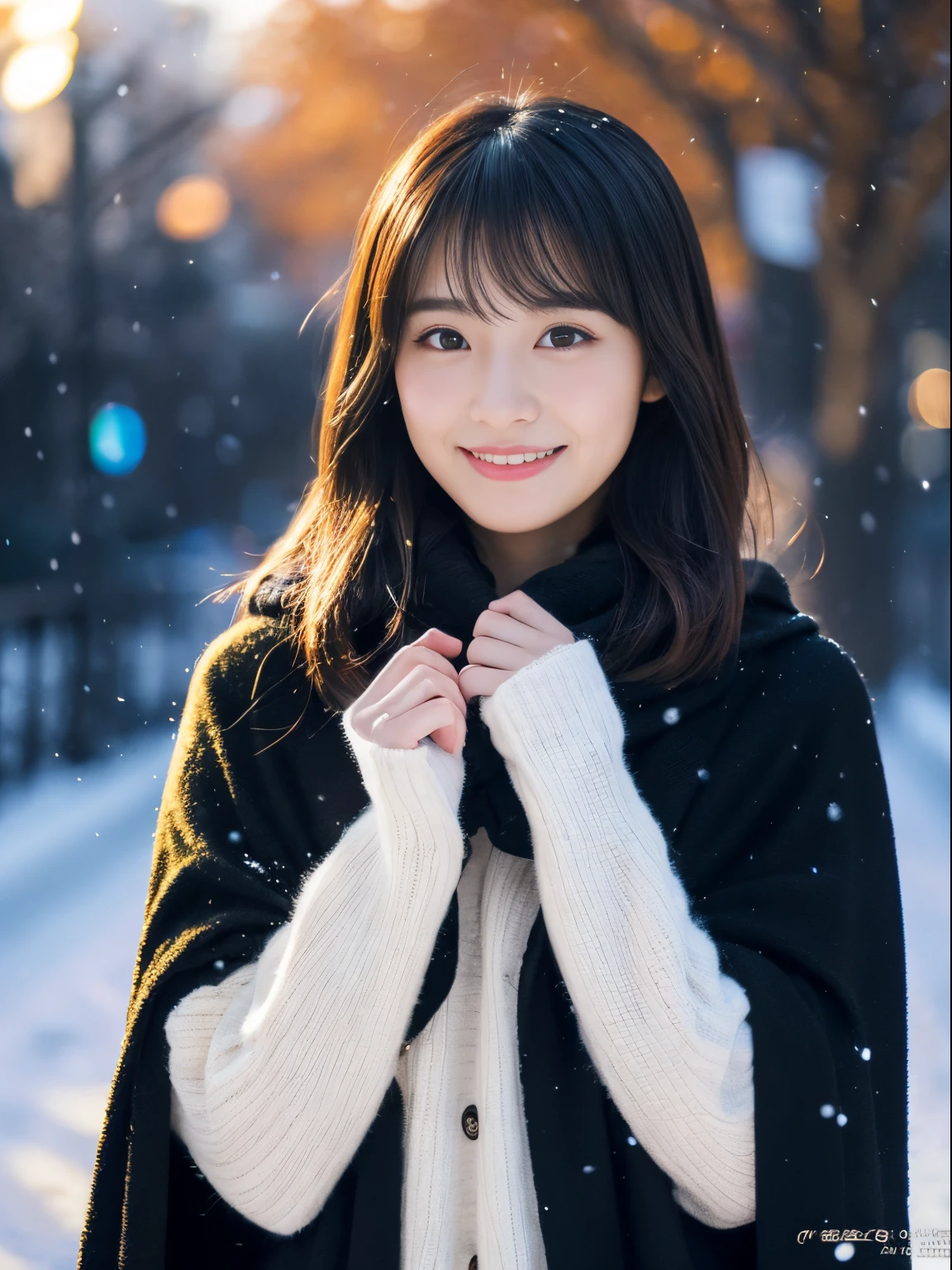 While watching the snow falling quietly. Her introspective and tearful expression、Makes you feel longing and melancholy for winter nights。。。。。。、top-quality、hyper HD、奈良美智, Japanese Models, Beautiful Japan wife, With short hair, 27-year-old female model, 4 k ], 4K], 27yo, sakimichan, sakimichan、(A hyper-realistic), (Illustration), (High resolution), (8K), (Very detailed), (Best Illustration), (Top quality with beautiful attention to detail), (ultra-detailliert), (masutepiece), (Wallpaper), (Detailed face), Solo, One girl, viewer, Fine detail, Detailed face, In the Dark, Deep Shadows, lowkey, pureerosfaceace_v1, Smile, Long hair, Black shawl straight hair, 46-point diagonal bangs, Full body, legs crossed