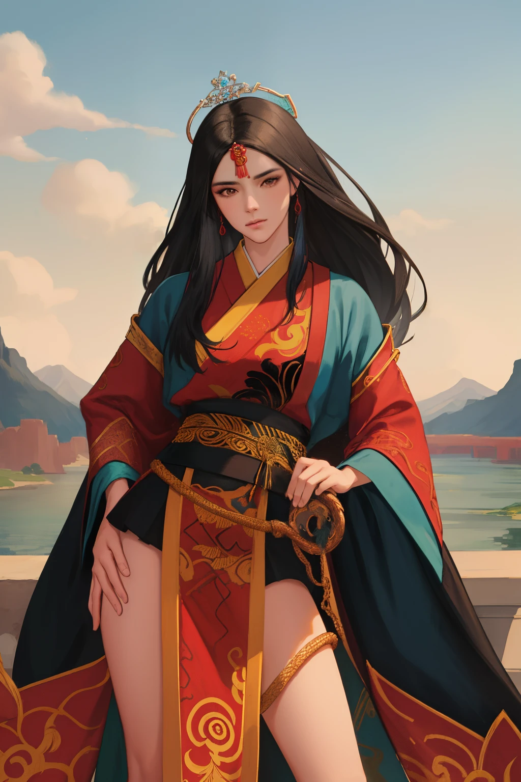 NSFW, obra-prima, melhor qualidade, ultra-hdetalhado, semi-realista, detailedfacialfeatures, 1 mulher,deidade marcial,Mulher usando roupa ancestral hunfa wuxia,princesa serpente,Villain,cabelos longos da cor negros,olhos negros fascinantes,seios grandes,muito bonita,voluptuosa mulher,sexy,maliciosa,poderosa,standing on top of an serpente grande holding a whip in his left hand,altiva.
Preparando