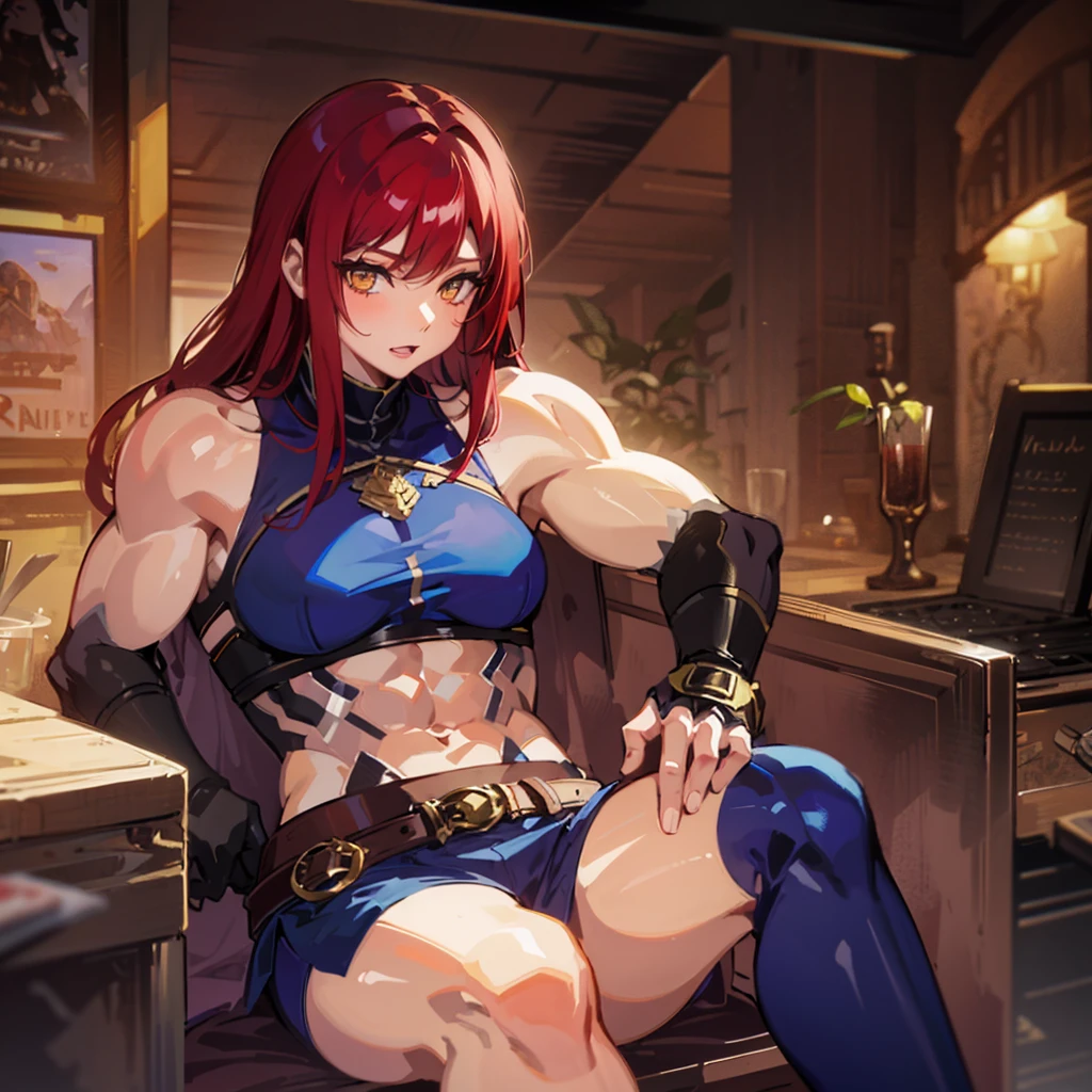 （（（​masterpiece）））、（（（Top image quality）））、（（（top-quality）））、（（（Illustration of one girl）））、（（（Muscle Girl）））、（（（neuter）））、a cool、（（Long hair with red hair））、Golden eyes、（（Tall））、（（（Muscular and strong body）））、（（（Muscular and strong body）））、（（Split abs））、（（（muscular and thick arms）））、（（muscular and thick thighs））、（（（manspreading）））、adventurer、（（（adventurer style clothes、Adventurer style equipment）））、Sitting on a chair、Medieval tavern