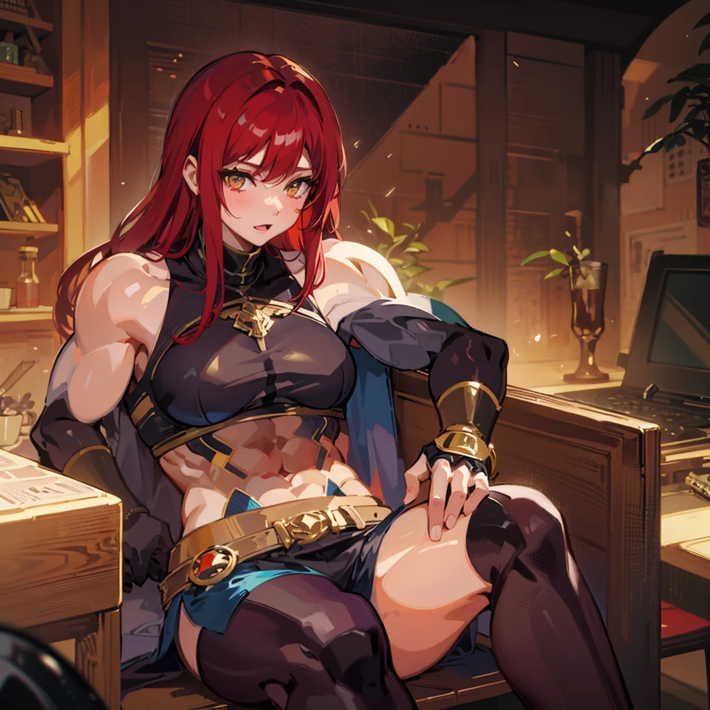 （（（​masterpiece）））、（（（Top image quality）））、（（（top-quality）））、（（（Illustration of one girl）））、（（（Muscle Girl）））、（（（neuter）））、a cool、（（Long hair with red hair））、Golden eyes、（（Tall））、（（（Muscular and strong body）））、（（（Muscular and strong body）））、（（Split abs））、（（（muscular and thick arms）））、（（muscular and thick thighs））、（（（manspreading）））、adventurer、（（（adventurer style clothes、Adventurer style equipment）））、Sitting on a chair、Medieval tavern