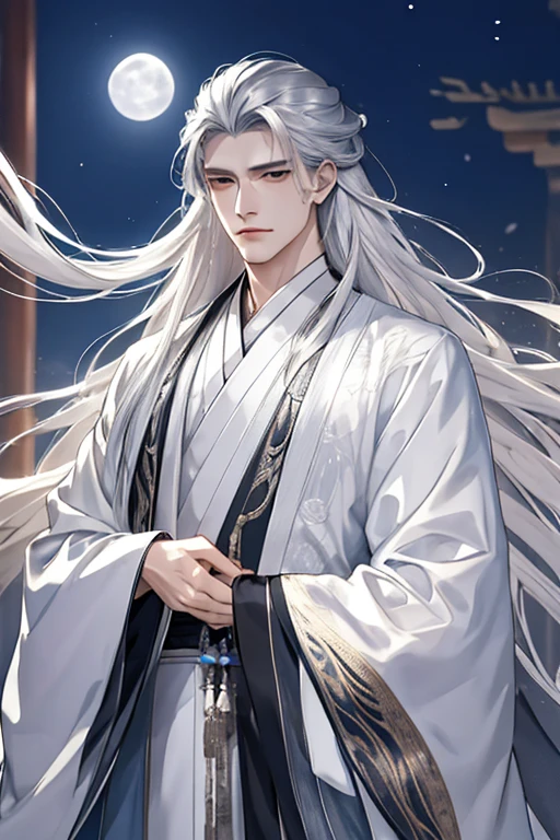 tmasterpiece,Best Picture Quality,Silver-haired man,male people,Black Hanfu,,long, floated hair,Wide-sleeved robe,ancient wind,Solid color clothes,The clothes do not have any patterns,cunning cunning expression,gentlesoftlighting,water ink,Behind it the full moon,